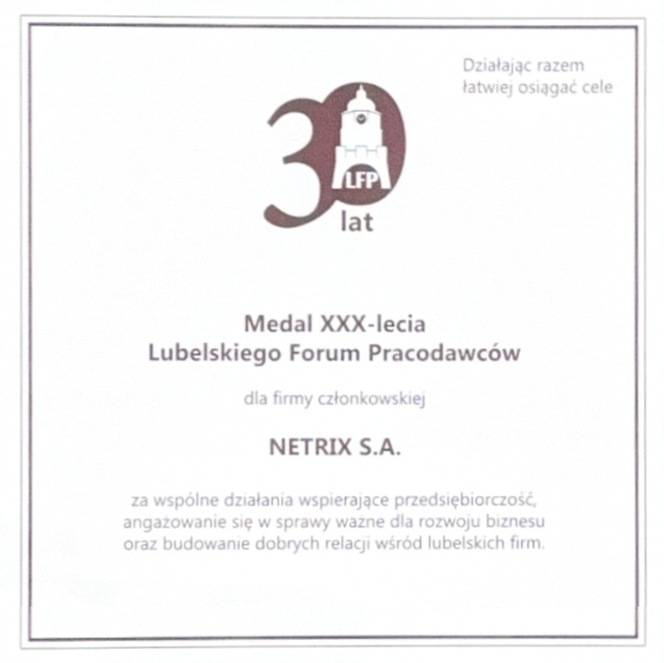 Medal 30 lecia Lubelskiego Forum Pracodawców - Netrix